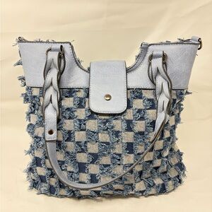 Sam & Hadley Frayed Denim Checkerboard Tote Bag Blue Braided Strap Boho Shoulder